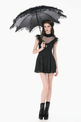 Black Ruffled Mock Neck Floral Cross Lace Splice Sheer Mesh Sleeveless Lace-Up Women's Gothic Dress - Product - 12