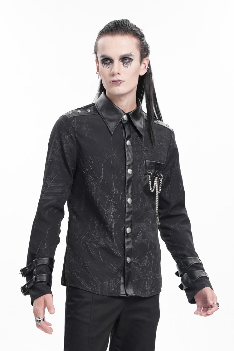 Black Lapel Collar Long Sleeves Buckle Chain Men's Gothic Blouse - Product - 4