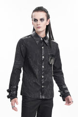 Black Lapel Collar Long Sleeves Buckle Chain Men's Gothic Blouse - Product - 4