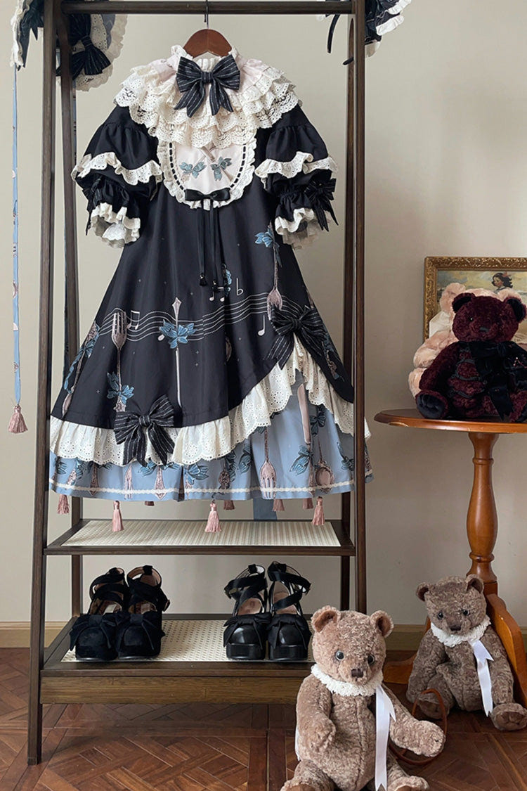 Dark Blue [The Witch’s Banquet] Round Collar Short Sleeves Printed Ruffled Embroidered Bow Asymmetric Sweet Lolita Dress - Product - 6