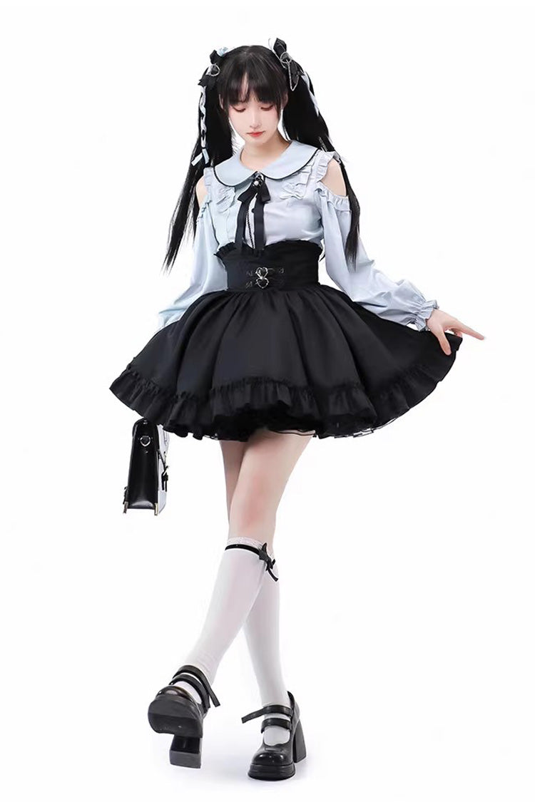 Black/Blue Off Shoulder Long Sleeves Ruffle Bowknot Sweet Jirai Kei Japanese Set - Product - 4