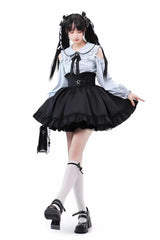Black/Blue Off Shoulder Long Sleeves Ruffle Bowknot Sweet Jirai Kei Japanese Set - Product - 4