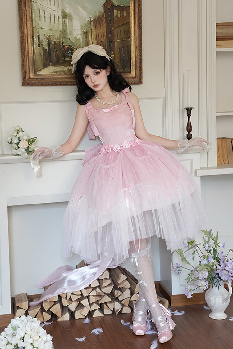 Pink [Foamy Sea] Sleeveless Ruffle Bowknot Fishbone Sweet Lolita Jsk Dress - Pink - 1
