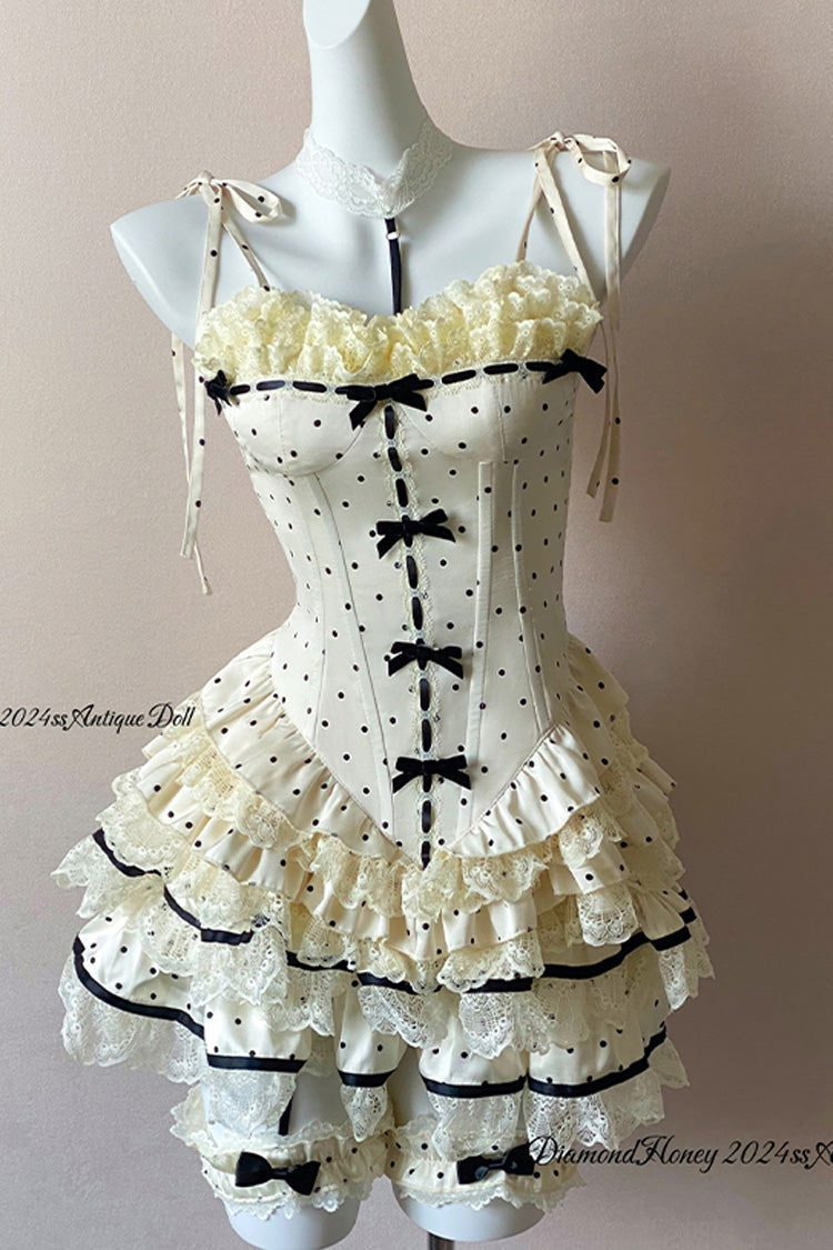 Ivory [Paris Holidays] Multi-Layered Polka Dots Print Ruffle Lace Fishbone Sweet Lolita Skirt Set - Product - 2