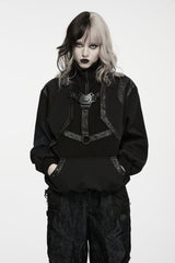 Black Stand Collar Long Sleeves Cut-Out Patchwork Eyelet Women's Punk Coat - Black - 1