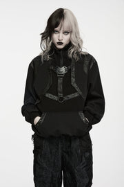 Black Stand Collar Long Sleeves Cut-Out Patchwork Eyelet Women's Punk Coat - Black - 1