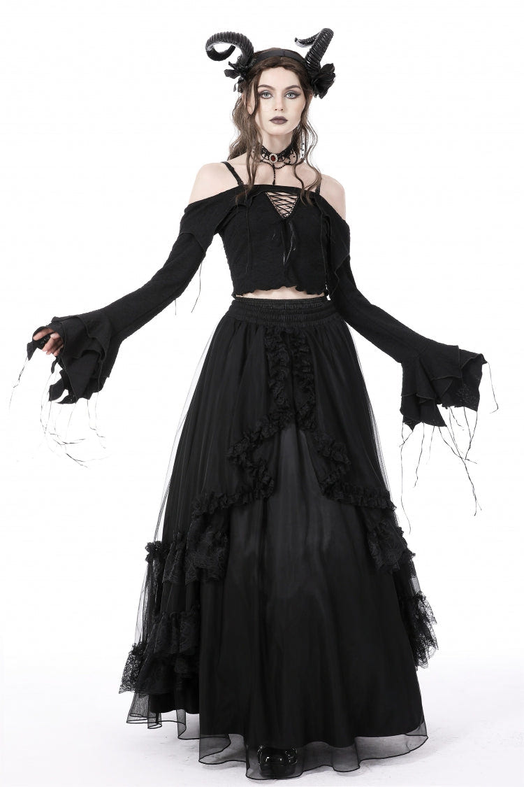 Black Off Shoulder Long Trumpet Sleeves Lace-Up Women's Gothic Sexy Crop Top - Product - 6