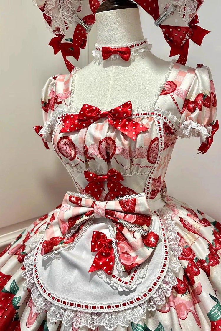 [Dream to Strawberry] Print Short Sleeves Ruffle Bowknot Lace Sweet Lolita OP Dress 4 Colors - Product - 9