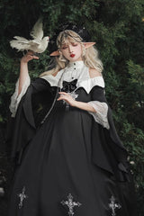 Black [Cross Nun] Stand Collar Off Shoulder Print Bowknot Gothic Elegant Lolita Dress - Product - 14