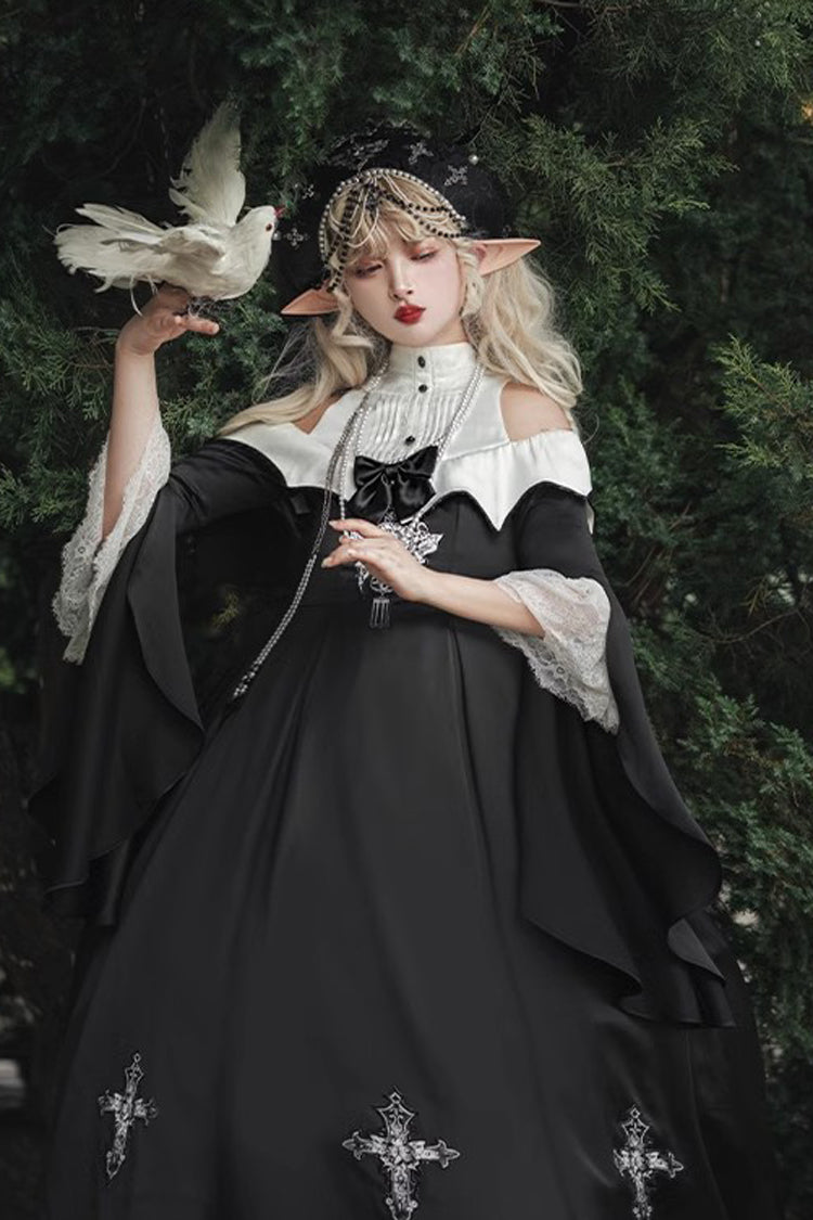 Black [Cross Nun] Stand Collar Off Shoulder Print Bowknot Gothic Elegant Lolita Dress - Product - 14