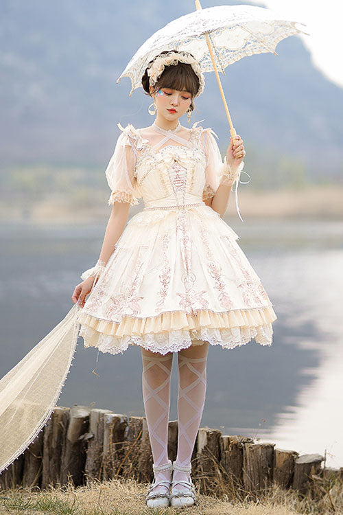 Apricot Gorgeous Hanayome Bowknot Lace Elegant Ruffled Sweet Lolita JSK Dress - Product - 4