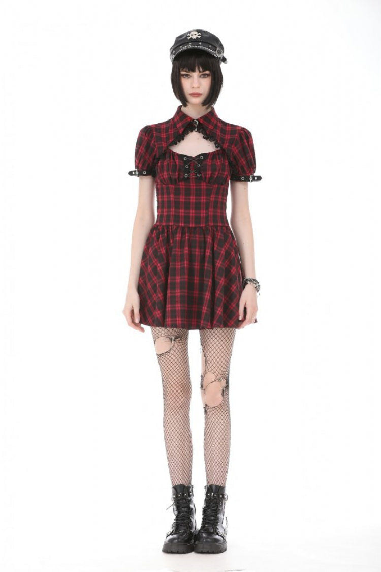 Black/Red Plaid Turn-Down Collar Cut-Out Short Sleeves Lace-Up Women's Punk Retro Mini Dress - Product - 6