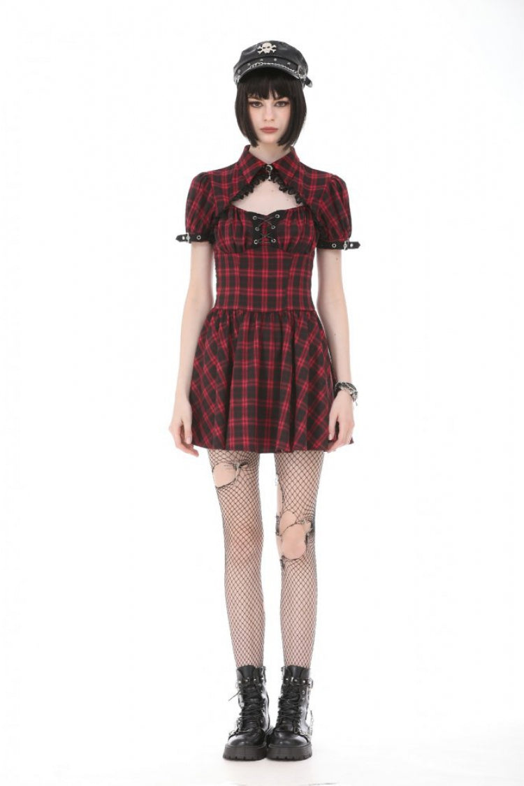 Black/Red Plaid Turn-Down Collar Cut-Out Short Sleeves Lace-Up Women's Punk Retro Mini Dress - Product - 6
