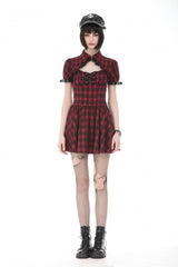 Black/Red Plaid Turn-Down Collar Cut-Out Short Sleeves Lace-Up Women's Punk Retro Mini Dress - Product - 6