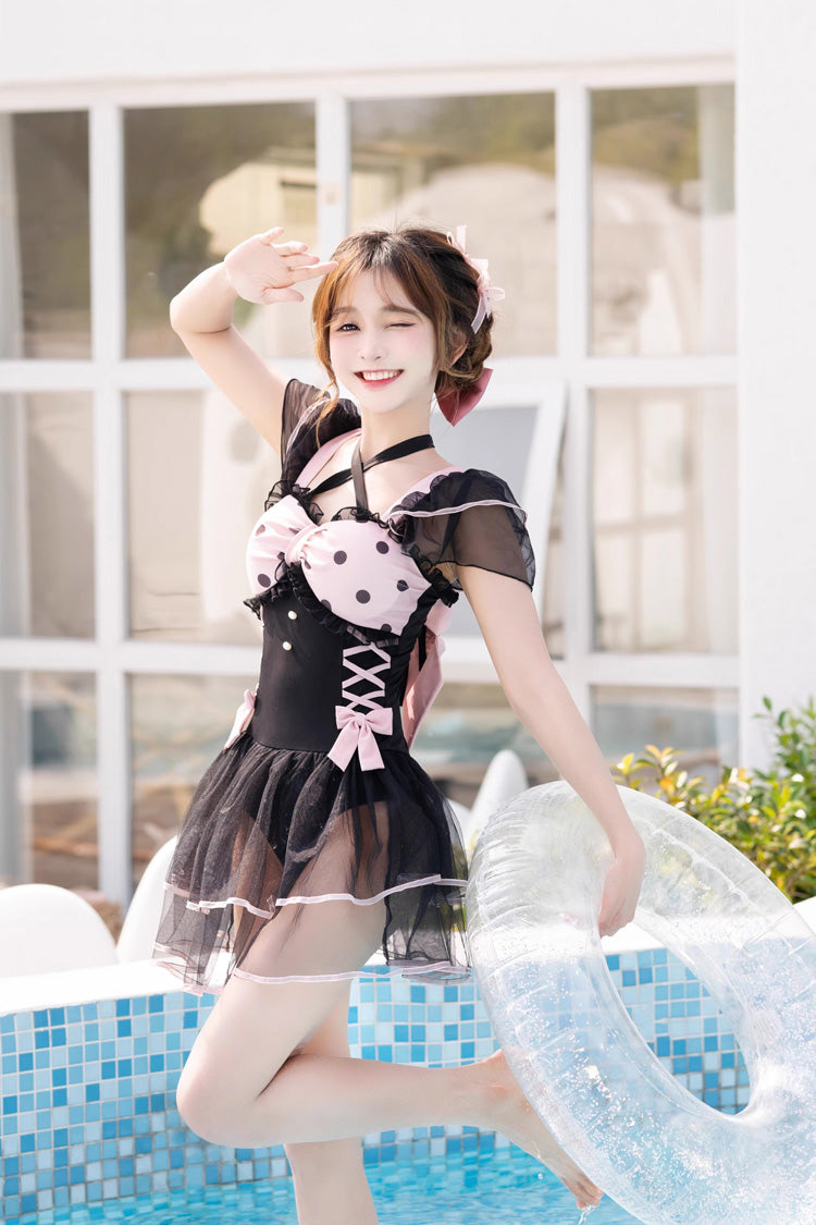 Black/Pink Blackberry Bubble Water Wave Dot Printing Bow Lolita One Piece Swimsuit - Product - 5