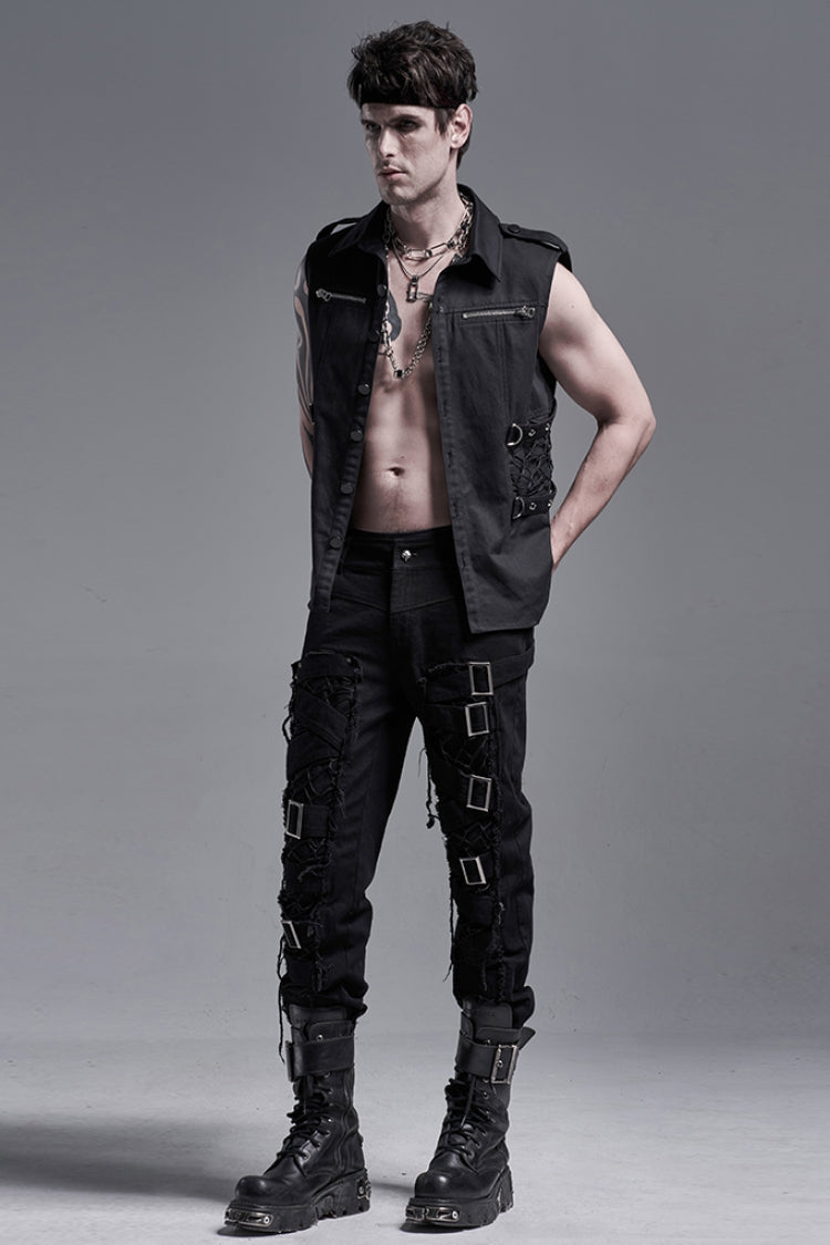 Black Metal Buckle Bandage Hollow Stitching Irregular Ripped Men's Gothic Pants - Product - 4