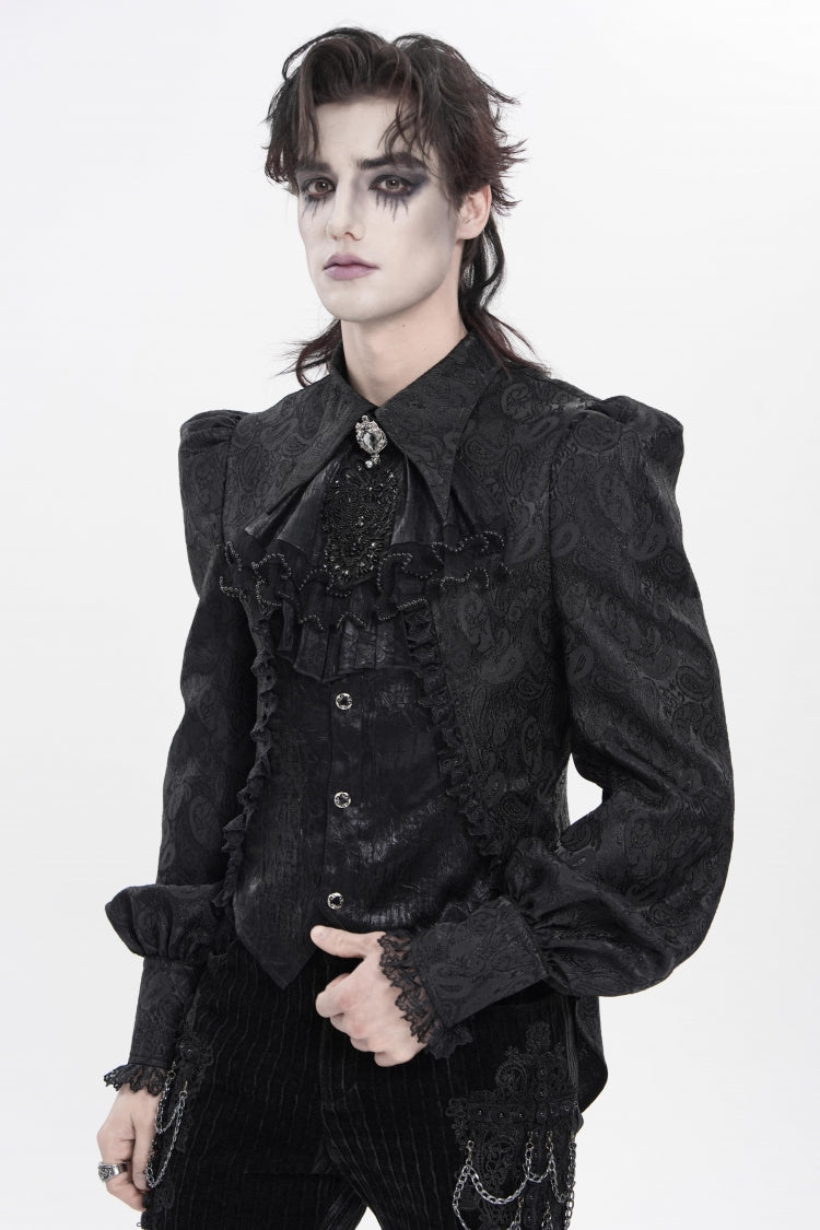 Black Lapel Collar Long Lantern Sleeves Jacquard Embroidered Lace Men's Gothic Palace Swallow-tailed Shirt with Necktie - Product - 9