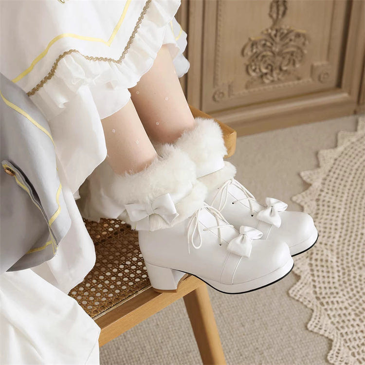 Sweet Fleece-Lined Thickened Bow Lace-Up Lolita Ankle Snow Boots 2 Colors - Product - 3
