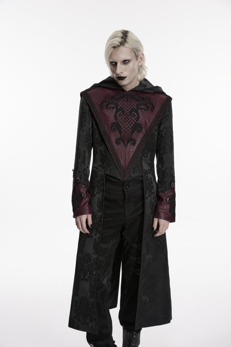 Black/Red Long Sleeves Jacquard Embroidered Spliced Lace Hooded Color-Blocked Men's Punk Cool Coat - Product - 9