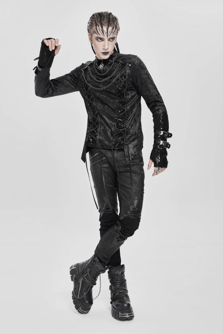 Black Stitching Lace-Up Mesh Chain Men's Punk Blouse - Product - 4