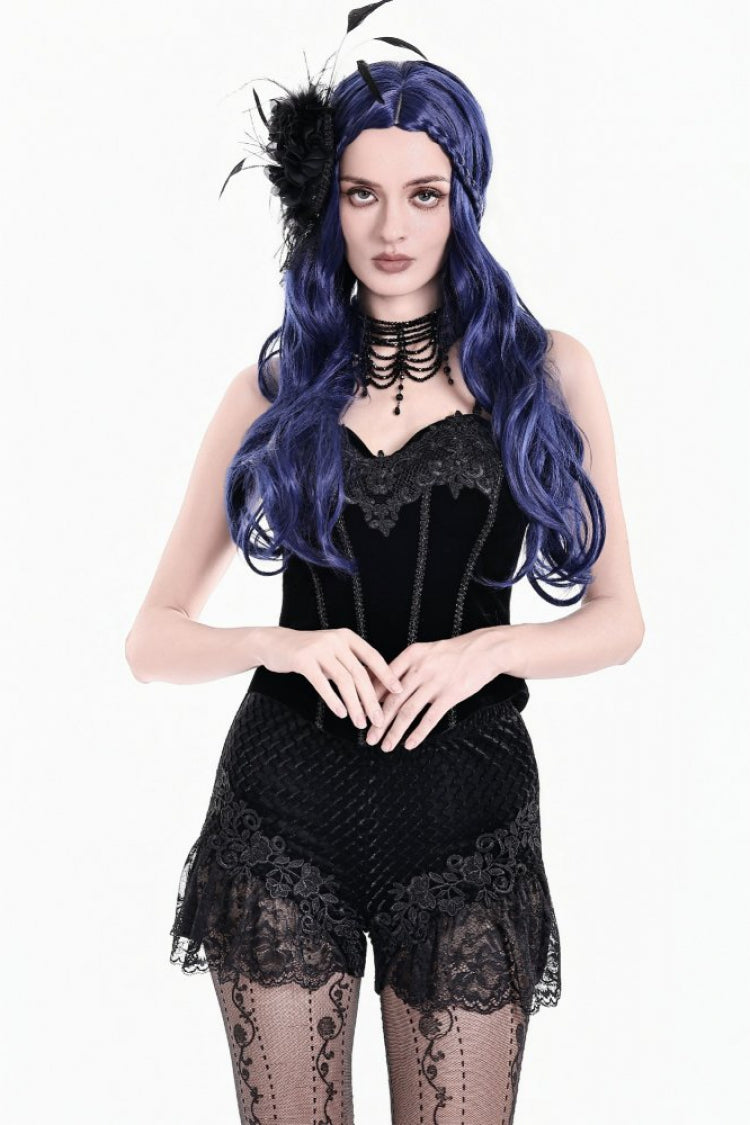 Black Women's Gothic Floral Embossed Velvet Shorts with Sheer Lace Trim - Product - 6