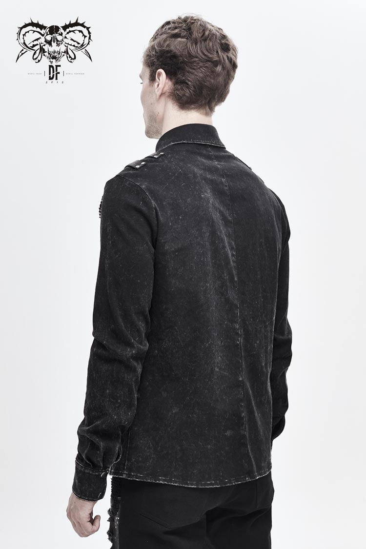 Black Asymmetric Left Shoulder Loop Mesh Rivet Snap Button Men's Punk Shirt - Product - 3