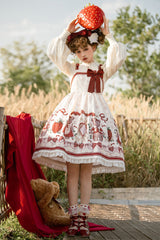 Ivory/Red Strawberry Bear Print Ruffle Bowknot Sweet Princess Lolita Jsk Dress - Product - 2