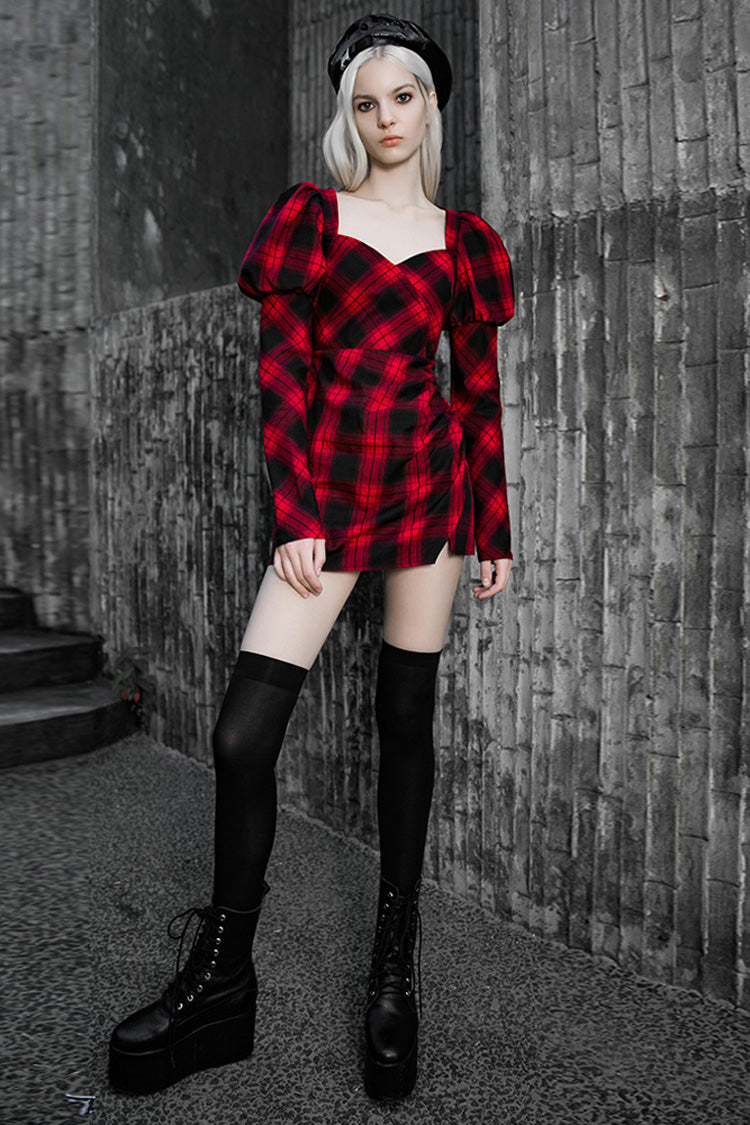 Black/Red Lattice High Waist Long Sleeve Women's Steam Punk Belted Dress - Product - 4