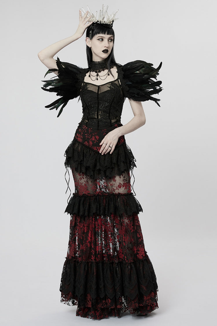 Black/Red Layered Ruffle Hollow Lace Women's Gothic Skirt - Product - 4
