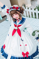 White College Style Navy Collar Chiffon Sea White Bear Print Bowknot Ruffled Sweet Lolita OP Dress - Product - 2