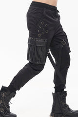 Black Punk Multi-Pocket Leather Splicing Metal Leg Ring Men's Pants - Product - 6