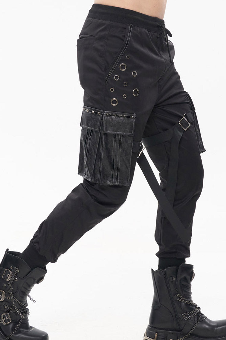 Black Punk Multi-Pocket Leather Splicing Metal Leg Ring Men's Pants - Product - 6