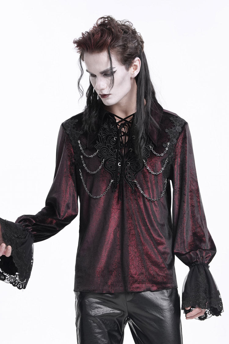 Wine Red V Collar Long Sleeves Lace-Up Chain Men's Gothic Blouse - Product - 7