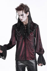 Wine Red V Collar Long Sleeves Lace-Up Chain Men's Gothic Blouse - Product - 7