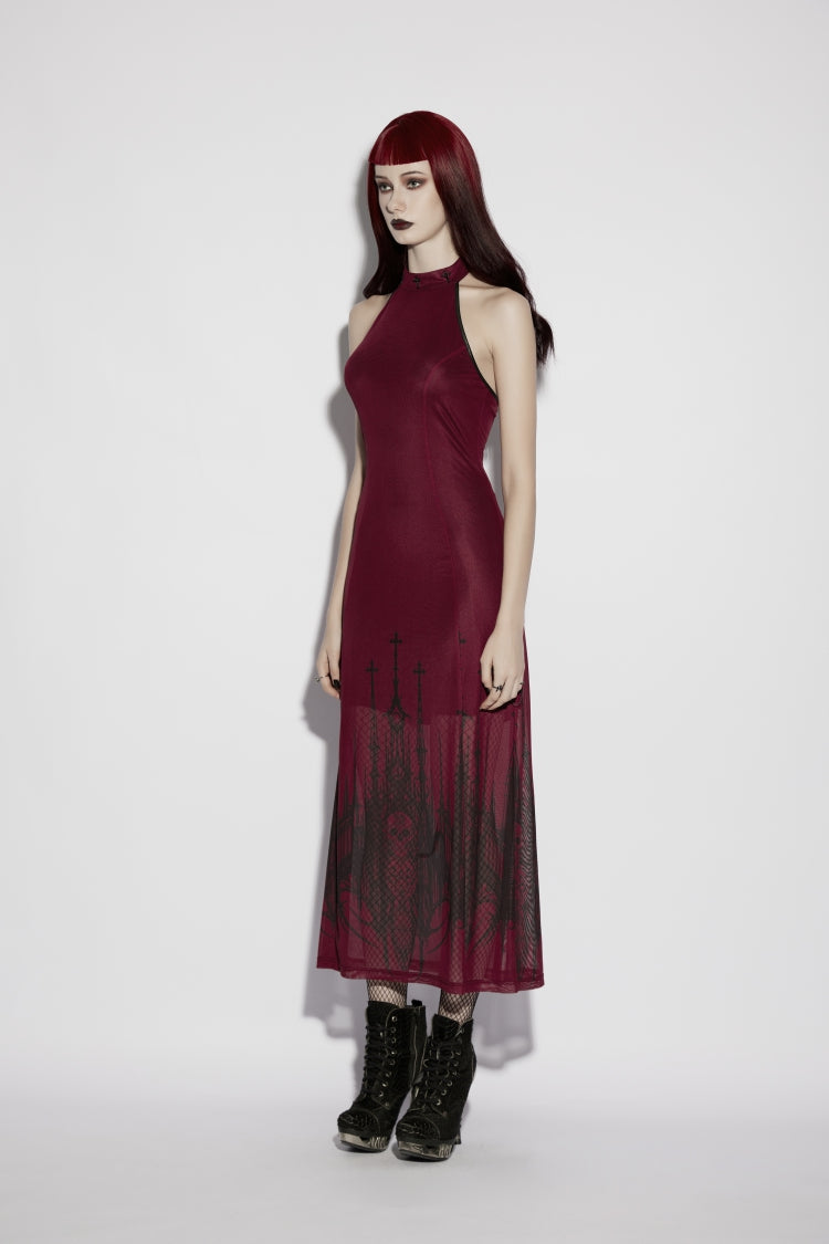 Red Halterneck Sleeveless Double-Layered Church Skull Printed  Printed Lace-Up Slim Women's Gothic Dress Graduation Dress - Product - 11