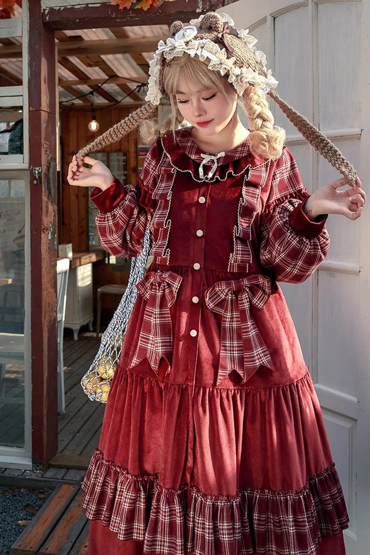 Red Velvet Plaid Print Bowknot Christmas Sweet Lolita Dress - Product - 6