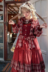 Red Velvet Plaid Print Bowknot Christmas Sweet Lolita Dress - Product - 6