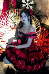 Red [Love Poems of the Heart] Sleeveless Triple-Layered Ruffled Lace Lace-Up Sweet Lolita Jsk Dress - Product - 18