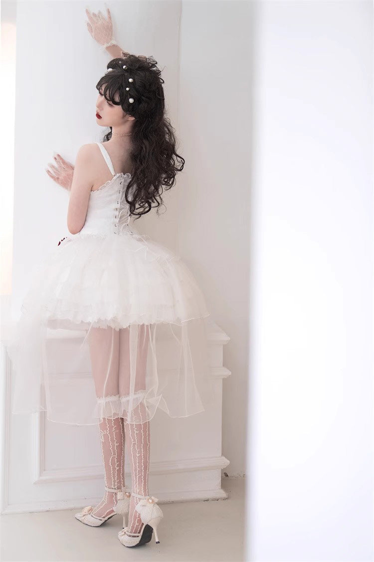 White High Waisted Multi-layer Rose Bowknot Lace-Up Gothic Lolita Jsk Dress - Product - 7