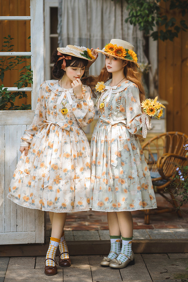 Green [Gardening Sunflower] Long Sleeves Print Ruffle Bowknot Sweet Elegant Lolita Dress - Product - 4