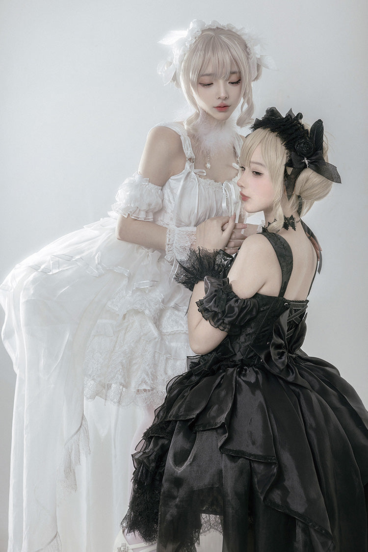 White [Rose Memoirs] Sleeveless Multi-Layered Bowknot Lace Sweet Lolita Skirt Set - Product - 3