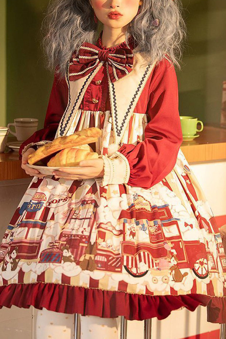 Red Lapel Collar Bowknot Lantern Long Sleeved Popcorn Print Sweet Lolita OP Dress - Red - 1