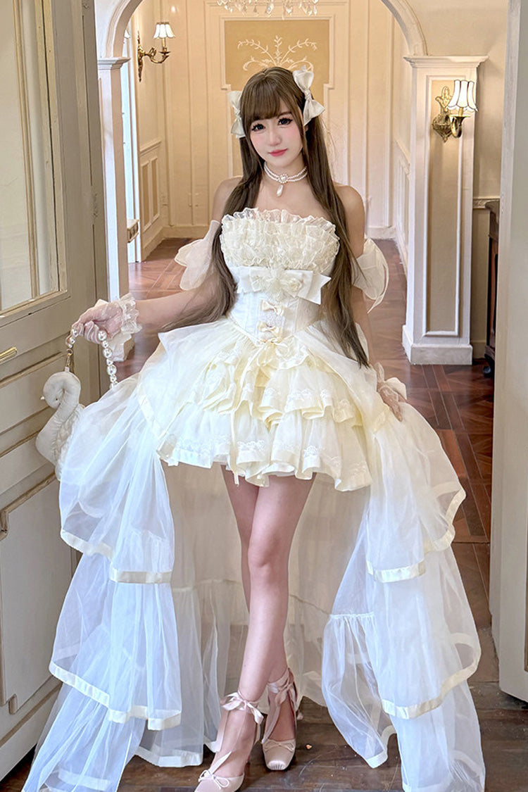 Beige [Mousse Love Song] Off Shoulder Sleeveless Triple-Layered Ruffled Hanayome Bow Sweet Elegant Ballet Lolita Short Dress Set - Product - 6