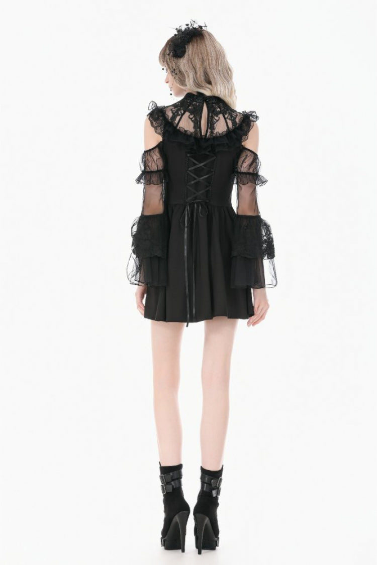 Black Cut-Out Multi-Layered Ruffled Long Trumpet Sleeves Sheer Mesh Splice Lace Lace-Up Women's Gothic Dress - Product - 4