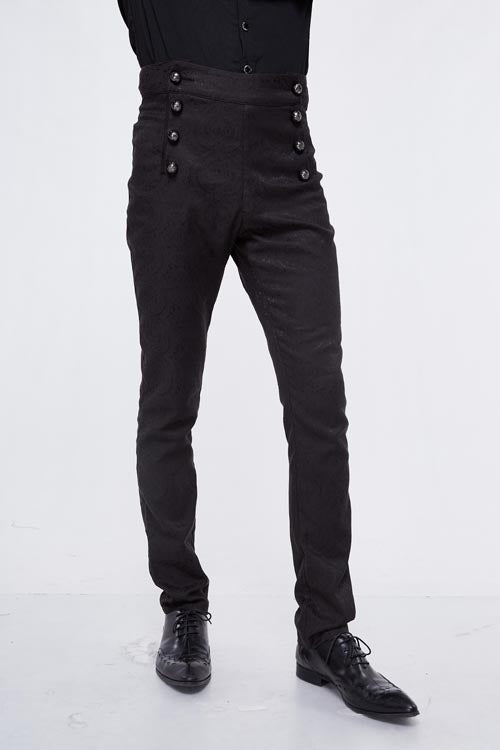 Black Gothic Wedding High Waist Slim Fit Jacquard Western Style Mens Pants - Product - 2