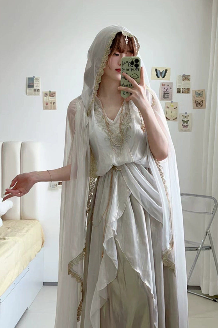 White [Angel of Judgment] Greek-Inspired V Collar Sleeveless Ruffled Embroidered Asymmetric Sweet Lolita Jsk Dress Set - Product - 8