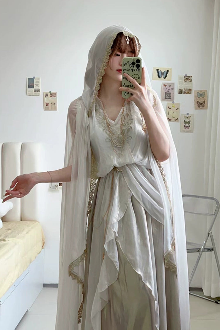 White [Angel of Judgment] Greek-Inspired V Collar Sleeveless Ruffled Embroidered Asymmetric Sweet Lolita Jsk Dress Set - Product - 8