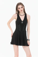 Black Cross Plunging Sleeveless Side Corset Lace-Up Women's Gothic Short Dress - Black - 1