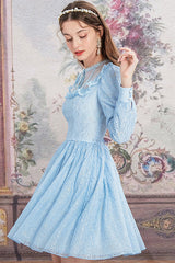Blue Vintage Lace Round Collar Long Sleeves Sweet Lolita OP Dress - Product - 4