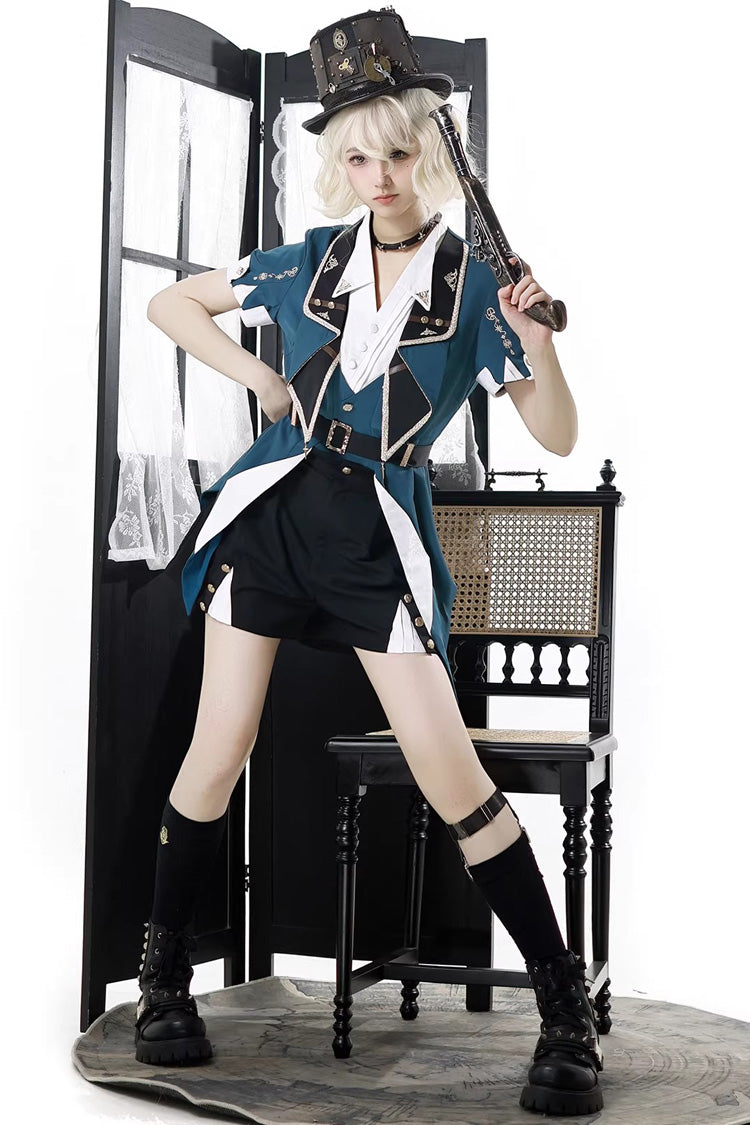 Black/Green [Anlexia Bookstore] Square Collar Short Sleeves Embroidered Studded Gothic College Style Prince Handsome Ouji Lolita Set - Product - 6